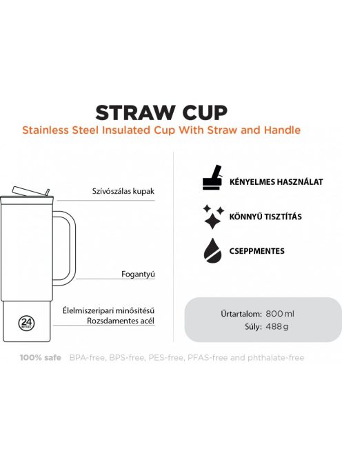 24BOTTLES Straw Cup 800ml rozsdamentes acél bögre szívószállal, Brushed Steel